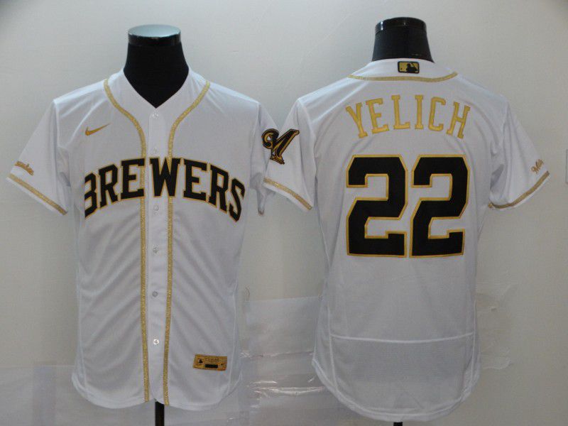 Men Milwaukee Brewers #22 Yelich White Retro gold character Nike Elite MLB Jerseys